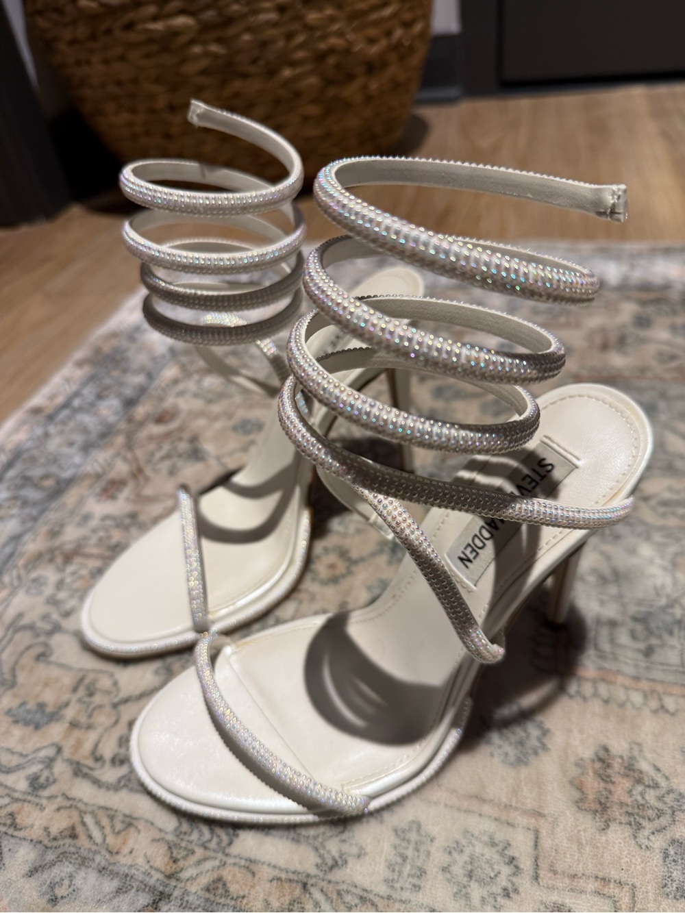Steve Madden Iridescent White Spiral Wrap Stiletto Sandals